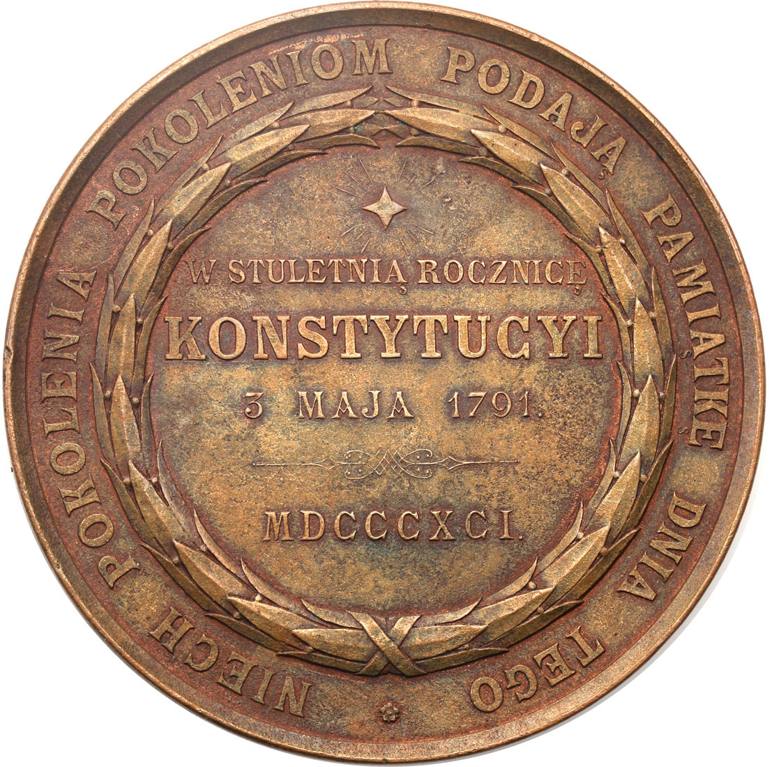 Polska pod zaborami. Medal  100 rocznica uchwalenia Konstytucji 3. Maja, 1891, Norymberga, brąz